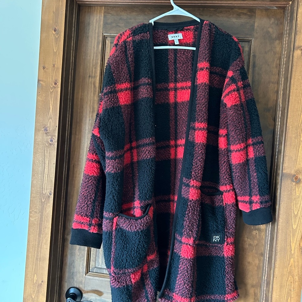 DKNY Red and Black Plaid Cardigan
